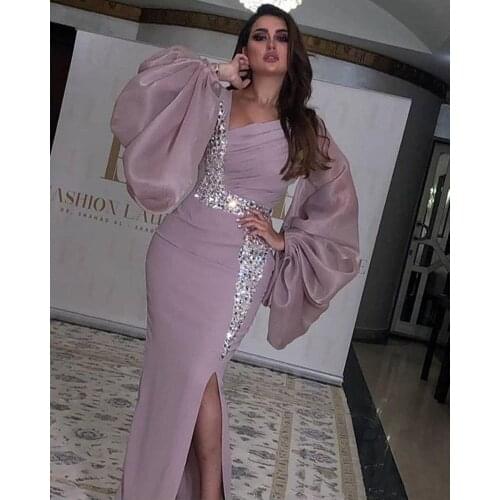 Elegant Evening Formal Dresses 2020 Lavender Color Side Split Saudi Arabia Long Sleeves v Neck Crystals Mermaid Kaftan Dubai