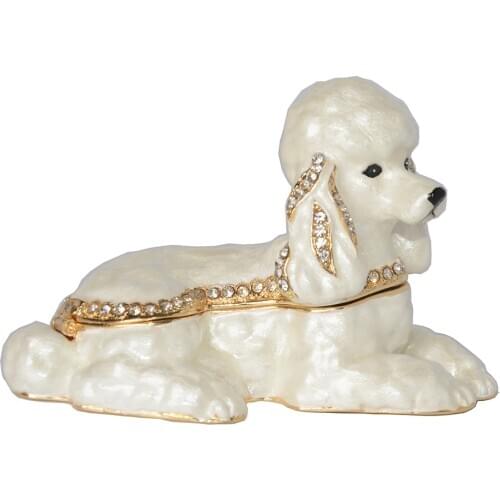 Enameled Pewter Bejeweled White Poodle Dog Trinket Box Cute Gift for Dog Lover Animal Figurine Sculpture Miniature