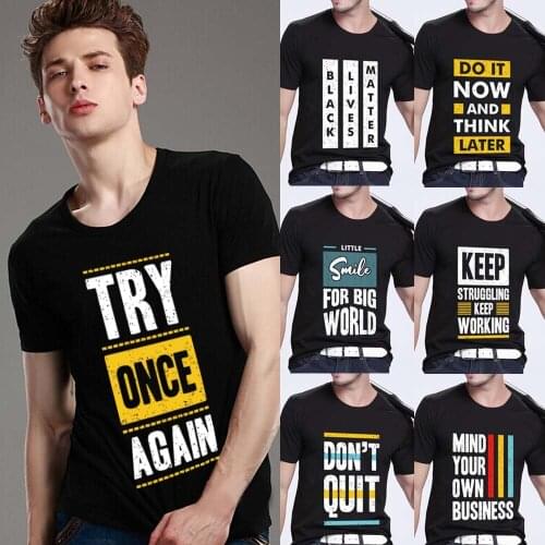 Summer Mens Simple Basic Slim T-shirt Casual O-neck Inspirational Phrase Printing Series Youth Comfortable Black Mens Soft Top