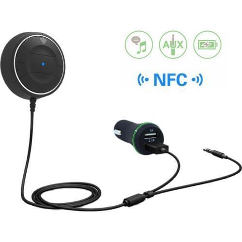 Konrisa Bluetooth 4.0 Handsfree Car Kit FM Transmitter Modulator AUX Output USB Charger NFC Music Player Adapter for Two Phones