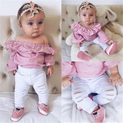 PUDCOCO Newborn Baby Girl Clothes Set Plaid Ruffles Romper Top T-Shirt+Hole Pants Outfit
