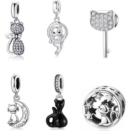 925 Sterling Silver Pendant I Love fish Lovely kitten Cat Charm Jewelry Making fit Original Pandora Charm DIY Bracelet Necklace