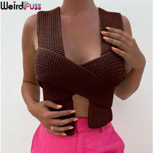 Weird Puss Sexy Knitting Tank Top Women Irregular Cross Bandage Strap Elastic Corset Vest Summer Hipster Casual Trend Streetwear