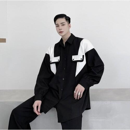 Men black white splice casual loose long sleeve shirt male streetwear fashion hip hop dress shirts