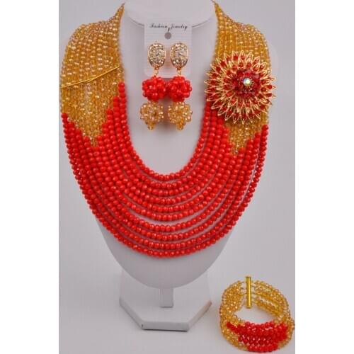 Opaque Red and Champagne Gold AB Nigerian Wedding African Beads Jewelry Set Crystal 10DSJ-2