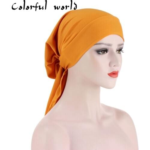 New milk silk long-tailed bow headband cap fashion Elastic inner hijabs caps muslim head scarf turban wrap under Hijab Bonnet
