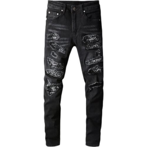 New Mens Bandana Paisley Printed Patchwork Stretch Jeans Streetwear Black Denim Pencil Pants Slim Skinny Ripped Trousers 669