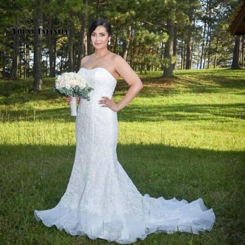 Charming Mermaid Wedding Dresses 2021 Sleeveless Bridal Gown Backless Sweetheart Chapel Train Applique White Plus Size Bride