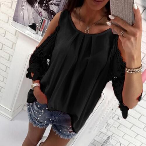 Solid Color Women Pullover Shirt O Neck Hollow Lacy Sleeve Top Round Neck Loose Long Sleeve Solid Color Casual Shirts