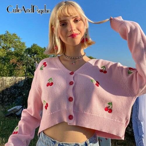 Autumn Cute Knitted Cardigan Women Oversized Sweaters Retro Embroidery Chic Graphic 90s Tops Buttoned Cardigans Cuteandpsycho