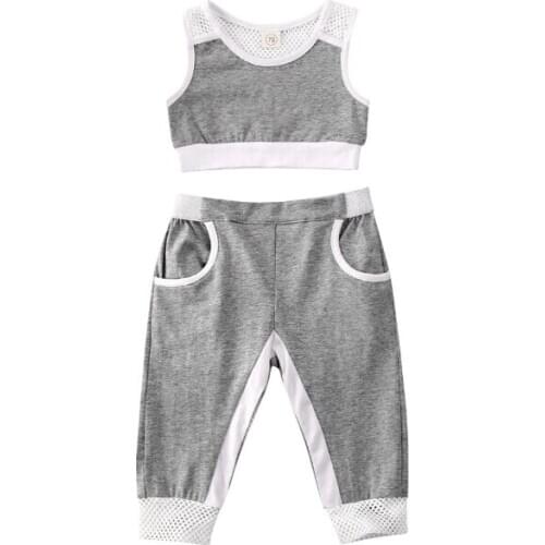1-5Y Summer Causal Infant Kids Girls Clothes Sets Sleeveless Solid Vest Tops+Long Pants Grey Sports Outfits