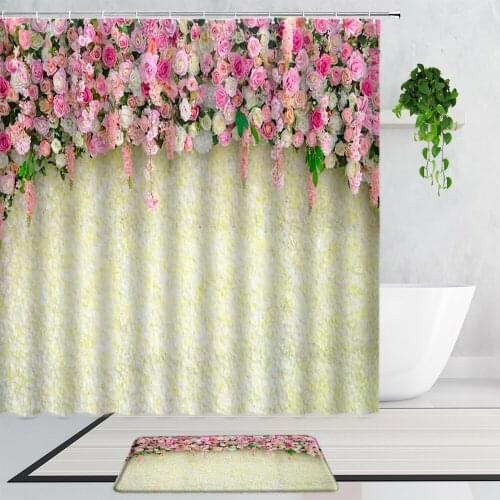 Romantic Rose Flowers Shower Curtains Holiday Decor Background Girl Bathroom Bath Curtain Set With Hooks Non-Slip Carpet Doormat