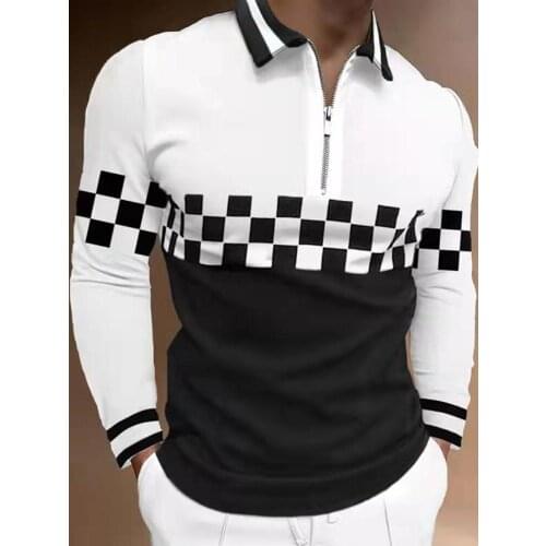 2021Mens PrintingPatchwork Striped Long Sleeve Tops Male Casual Zip-up Turn-down Collar Polo Shirts Grid Casual Slim Polo Shirt