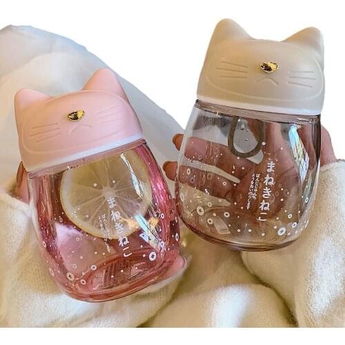 Glass Water Bottle Cute Creative Cat Design Cup Fashion Cool Mini Glass Cup Gradient Color Portable Handy Bottle Japanese Style