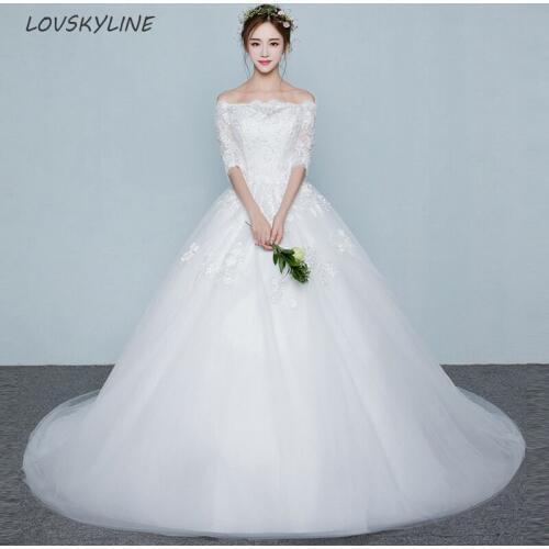 Vestido De Noiva Boat Neck Half Sleeves Wedding Dresses Embroidery Lace Up Long Tail Vintage Embroidery Lace Bridal Gowns