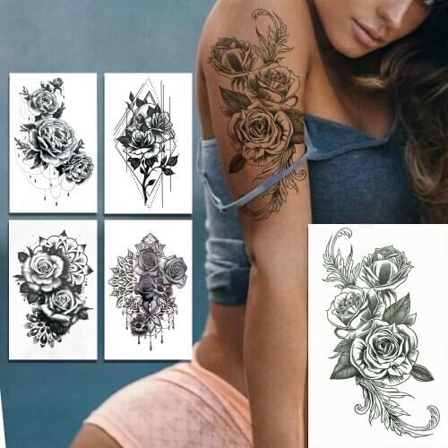 Peony Flower Fake Temporary Tattoos For Women Girls Lily Diamond Rose Henna Tattoo Black Camellia Pendants Waterproof Tatoos Arm