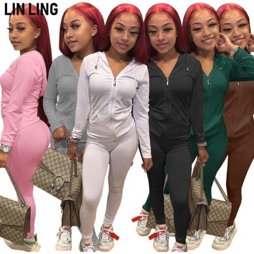 LINLING Spring Two Piece Set Women Long Sleeve Hooded Zipper Sporty Jackets+leggings Matching Sets Workout Stretchy Outfits