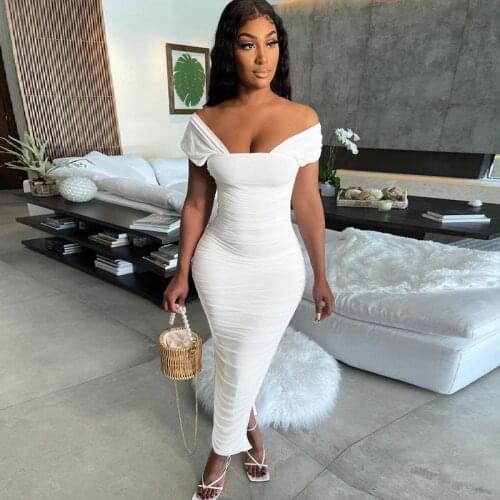 Sexy Off Shoulder Bodycon Bandage Dress Women Elegant Ruched Sheath Maxi Dress Clubwear Celebrity Evening Runway Party Dresses