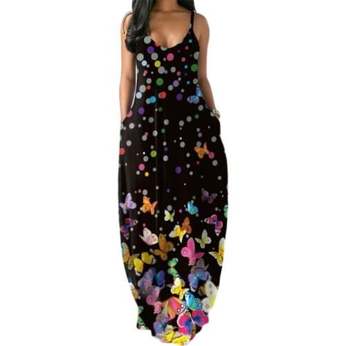 Summer Women Dresses two pockets Slip Dress Floral Print large hemline Spaghetti Strap Pockets Long Slip Loose Dress 2021