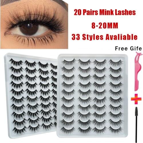 20 Pairs Of Mink Eyelashes 3D 8-20 mm Natural Artificial False Eyelashes Slender Fluffy Thick Eyelashes With Clip And Brush
