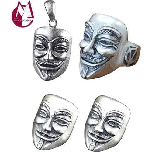 2019 Vendetta Ghost Mask Adjustable Ring Necklace Pendant Stud Earring 100% Real S990 sterling silver Men Women jewelry sets S01