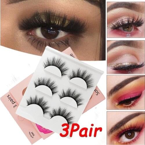 3 Pairs 3D Faux Mink Hair Soft False Eyelashes Fluffy Wispy Thick Lashes Handmade Reusable Natural Eyelashes Makeup Tools