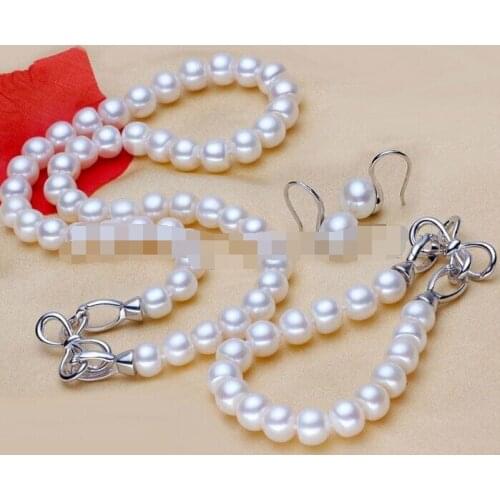 Free shipping charm Jew.657 Beautiful gift AAA 8-9mm freshwater white Pearl Necklace bracelet gift set