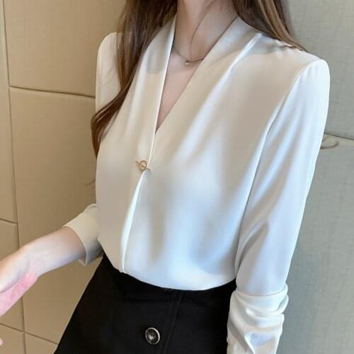 Blusas Femininas Elegante Chiffon White Shirt Womens Blouse V-neck Autumn New Long Sleeve Office Blouses Shirt