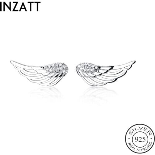 INZATT Real 925 Sterling Silver Zircon Feather Stud Earring For Fashion Women Party Hiphop Fine Jewelry Minimalist Accessories