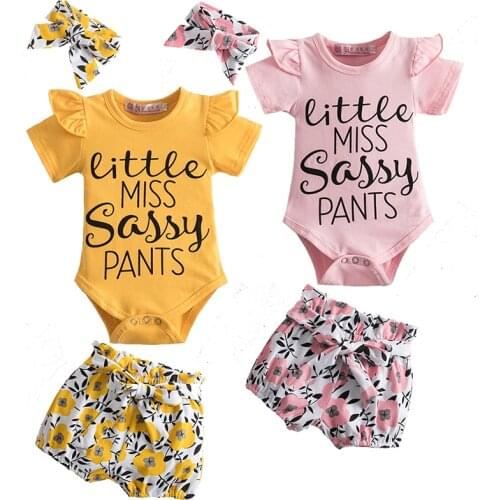 2021 Summer Baby Girl Clothes Letter Romper+Short Pants+Headband 3pcs Clothing Set for Kids Toddler Girls Casual Outfits Wear