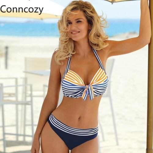 Brazilian Bow Striped Halterneck Hard Pack Sexy SwimsuitPush Up Bikini Set Bathing Suit Women Beachwear Biquini Two Piece Suit