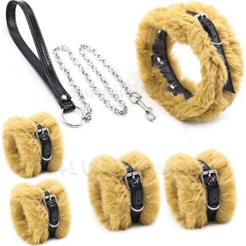 New Plush Bdsm Leather Dog Handcuffs Neck Collar Ankle Cuffs Slave Bondage Belt With Chains Lockable Fetish Sex Toys For Couples