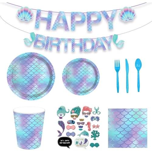 8 Guest Mermaid Disposable Tableware Little Mermaid Napkin Plate Under the Sea Girl 1st Birthday Happy Birthday Decor Kids Girl