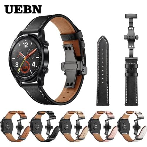 UEBN 20mm 22mm Black Butterfly clasp Leather strap for Huawei Watch GT 2 42mm 46mm band for HONOR Watch Magic Watchbands