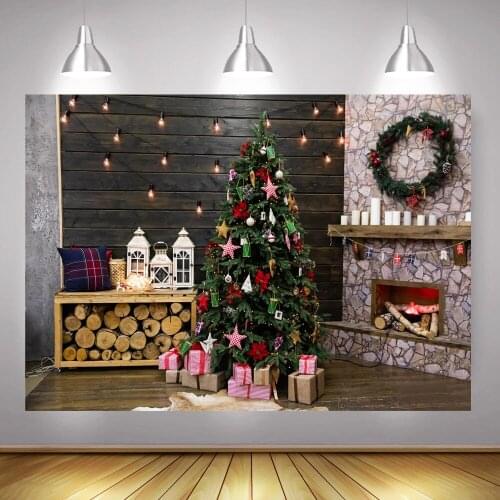 Christmas Tree Winter Background Photocall Wood Fireplace Green Wreath Living Room Xmas Backdrop Photography for Photo Studio