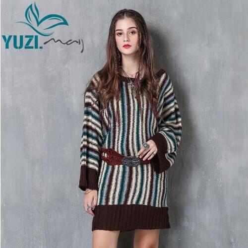 Sweater For Women 2017 Yuzi.may Boho New Cotton Pullovers O-Neck Batwing Sleeve Loose Striped Long Sweaters B7911