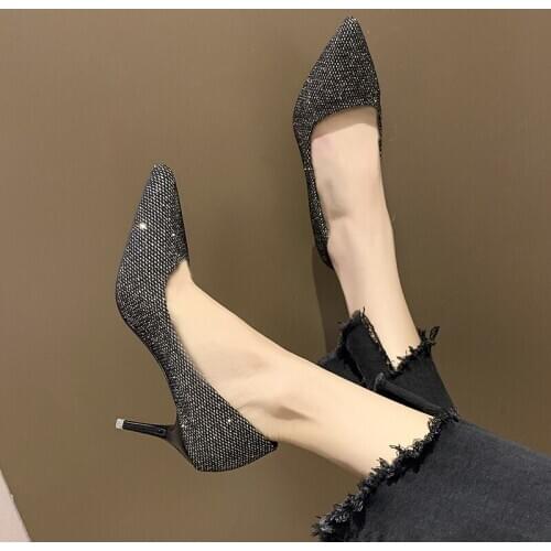 Women Sequins Pointed Toe Shoes Pumps Heel Square Golden Woman Luxury High Heels Female Ladies Sexy Party Wedding U14-45