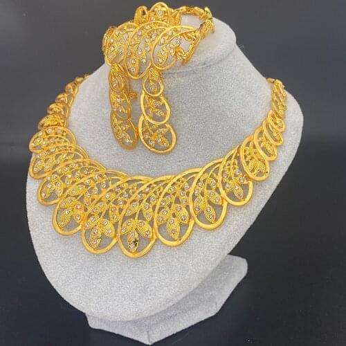 African Collar 24k Dubai Jewelry Sets for Women Nigerian Gold Color Necklace Bracelet earrings ring Ethiopian Wedding Gifts