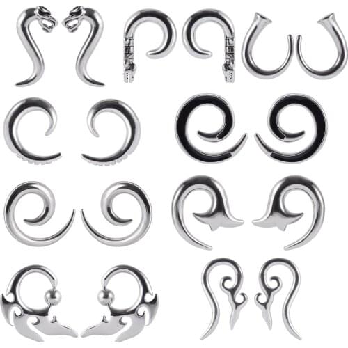 PAIR Stainless Steel Hangers Alien Ear Weights Plugs Tunnel Spiral Carved Ear Gauges Piercing Expander Stretchers Body Jewelry
