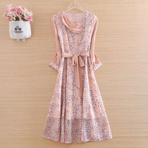 High-end Autumn Women 3/4 Sleeve Print Lace Dress Chinese Style Elegant Slim A-line Lady OL Party Dress S-XL