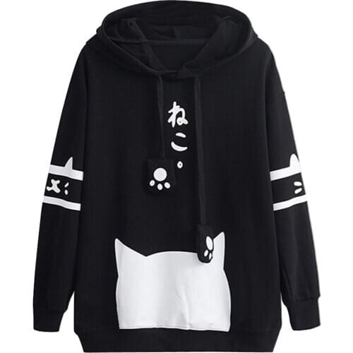 Women Kitty Cat Print Hoodie Sweatshirts Spring Autumn Casual Pocket Thin Pullover Tops Women Hooded Sweatshirt Sudadera mujer