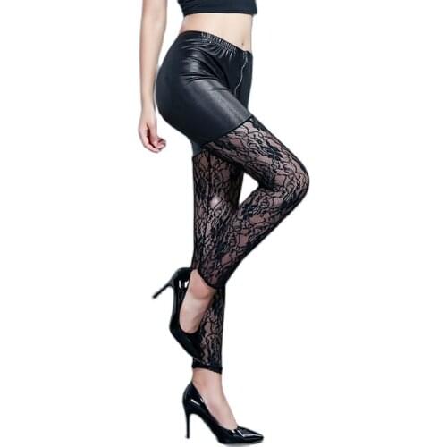 Women gothic fashion night bar floral lace pants lady imitation leather party club slim fitted leggings stretched zipper bottoms