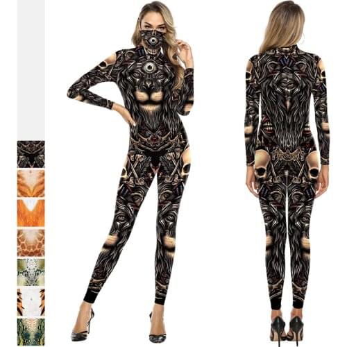 Skull Printed Jumpsuits Halloween Cosplay Costume Fashion Sexy Bodysuit Festival Carnival Outfits for Women Long Sleeve