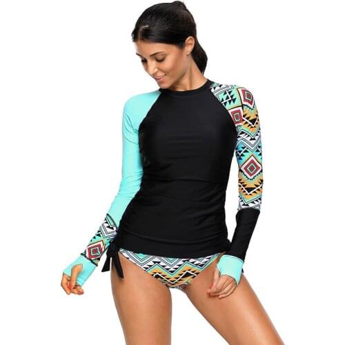 Long Sleeve Rash Guard Women Printing Swimwear High Neck Two Piece Swimsuit Surf Suit Bathing Water Sports Clothing