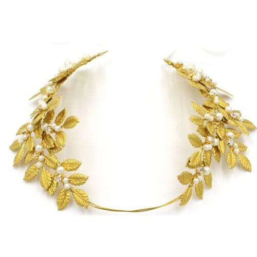 Handmade Gold Leave Tiara Bridal Crown Vintage Wedding Hair Jewelry Pearl Accessories Women Headpiece