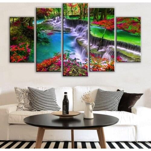 5 Pieces Forest Canvas Wall Art Waterfall River Picture Prints Vivid Nature Landscape Painting Giclee Artwork Framed for Kitchen