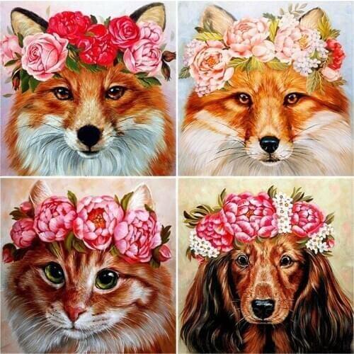 DIY 5D Diamond Painting Cat In Flower Wreath Diamond Embroidery Cross Stitch Animal Mosaic Full Round Rhinestones Home Decor