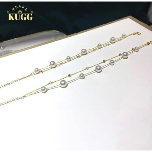 KUGG PEARL 18k Yellow Gold Pearl Bracelet Handmade Jewelry AAAAA Natural Akoya White Pearl Bracelet Women Party Necklace