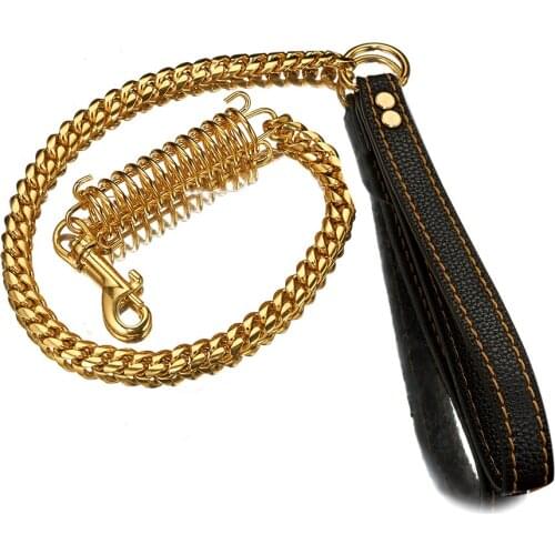 1/2/3ft Heavy Gold Cuban Curb Miami Chain 14mm Stainless Steel Dog Safety Leash Buffer Spring Labor-Saving With Leather Handle
