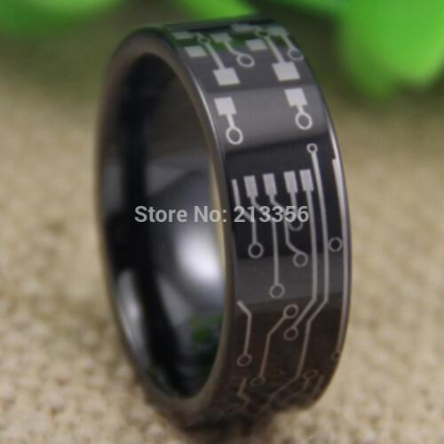 Cheap Price Free Shipping USA UK CANADA RUSSIA Hot Selling 8MM CIRCUIT BOARD Design Black Pipe Mens Lord Tungsten Wedding Ring